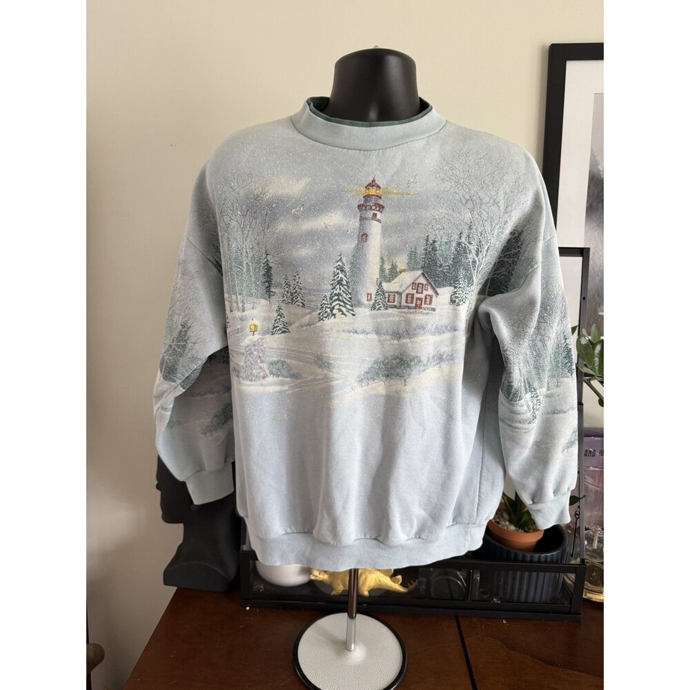Vintage 1990s National Wildlife Federation Sweatshirt XL Winter Light House AOP